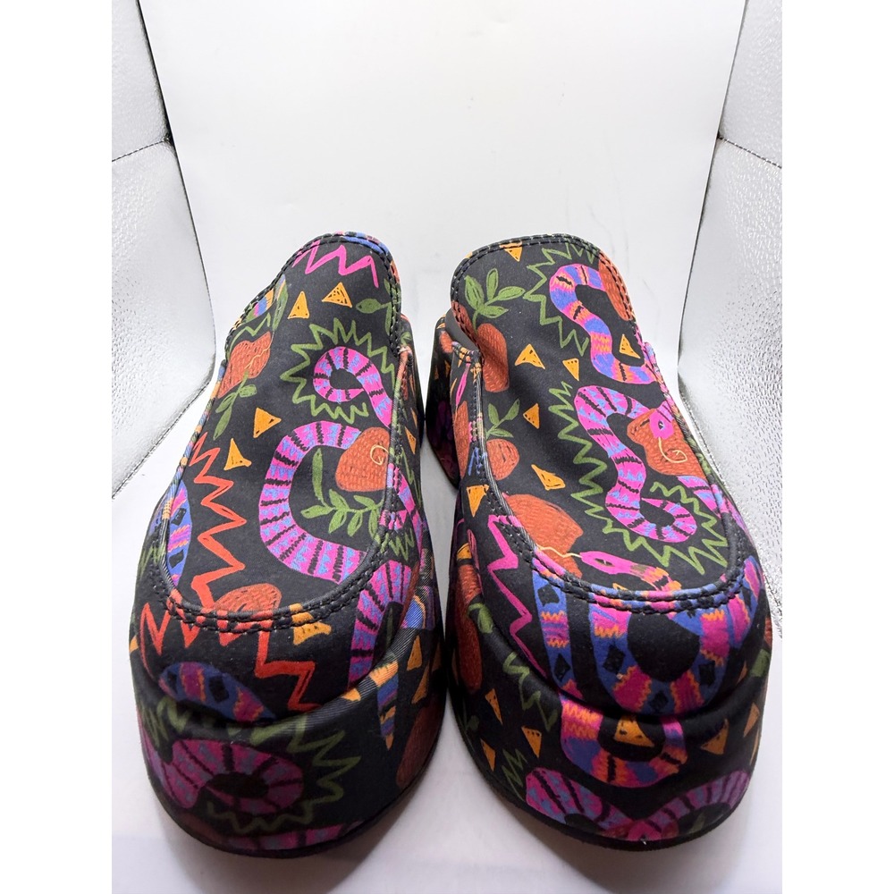 Farm Rio Black Multi Snake Fruit Print Platform Mules Sandals Size 7 EUR 38